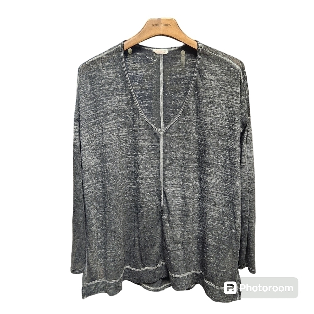 Anthropologie Maronie Grey Burnout Slub Sleeve V-Neck Top Split Side Sz. S